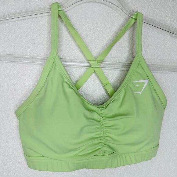 Gym Shark Yellow Green Ruched Racer Back Padded Sports Bra XS - Picture 2 of 11